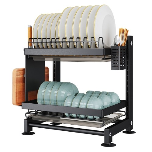 Égouttoir à vaisselle réglable en hauteur à 2 niveaux avec 2 égouttoirs pour évier de cuisine avec porte-ustensiles et support de planche à découper 2 en 1