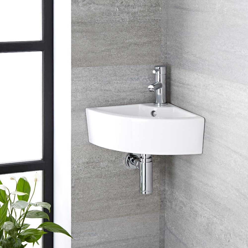Lavabo Suspendido de Esquina de Cerámica 426x320mm con Grifo Mezclador de Lavabo Cromado - Belstone
