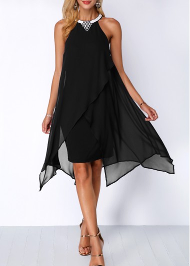 Black Asymmetric Hem Embellished Neck Chiffon Overlay Dress