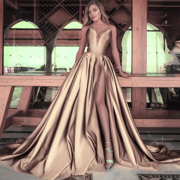 Elegant Strapless Party Gown Satin Sexy Prom Evening Dress High Slit Plus Size Prom Dresses Long vestido fiesta