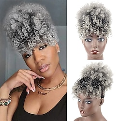 Gray Afro Puff Drawstring Ponytail with Curly Hair Pieces Clip in Bangs Short Ponytail Hair Extensions drawstring ponytail for Black Women Lightinthebox