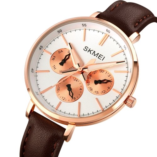 SKMEI 1665 Quartz Femmes Montre Multifonction Élégant Élégant Montre-Bracelet Casual Business Dames Bracelet Avec Bracelet En Cuir/30M Étanche Heure/Semaine/Date/24 Heures Affichage