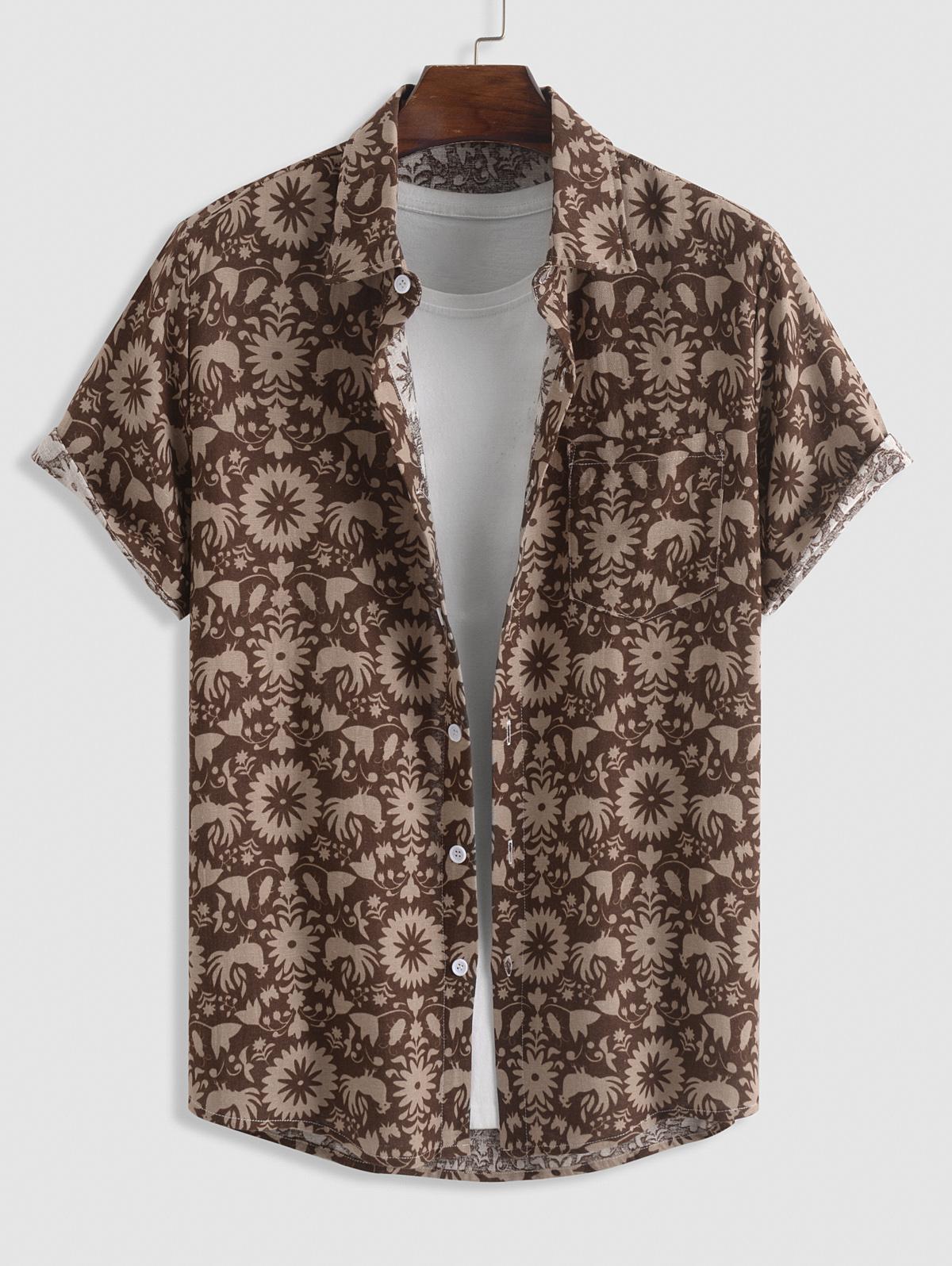 ZAFUL Men's Short Sleeves Retro Floral Print Shirt L Deep coffee
