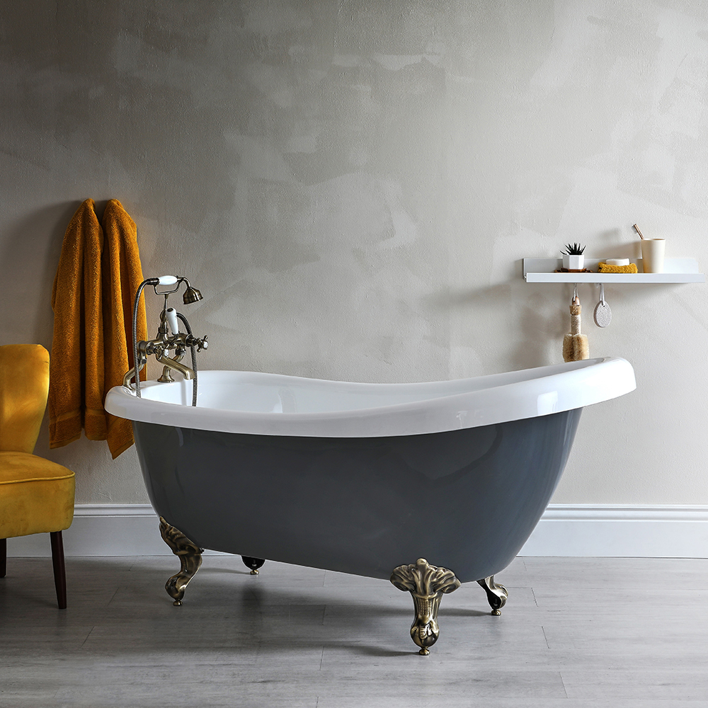 Bañera Exenta Tradicional Gris Piedra con Patas de Color Oro Cepillado - 1710mm x 740mm (Sin Agujeros para la Grifería) - Elton