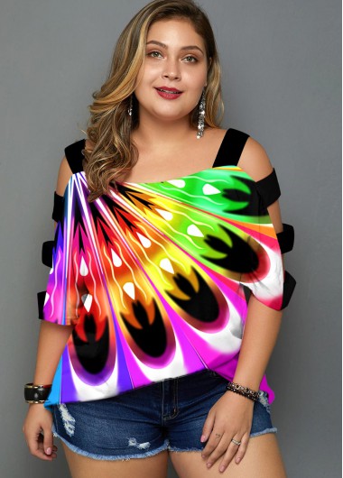 Plus Size Rainbow Color Ladder Cutout T Shirt