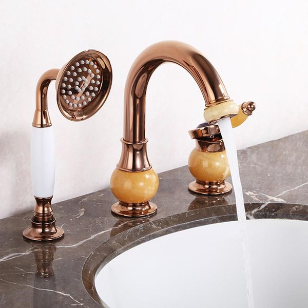 Bathroom Sink Faucets Basin Faucet Rose Gold Brass And Jade 3 Hole Bathtub Shower Bath Water Mixer Taps