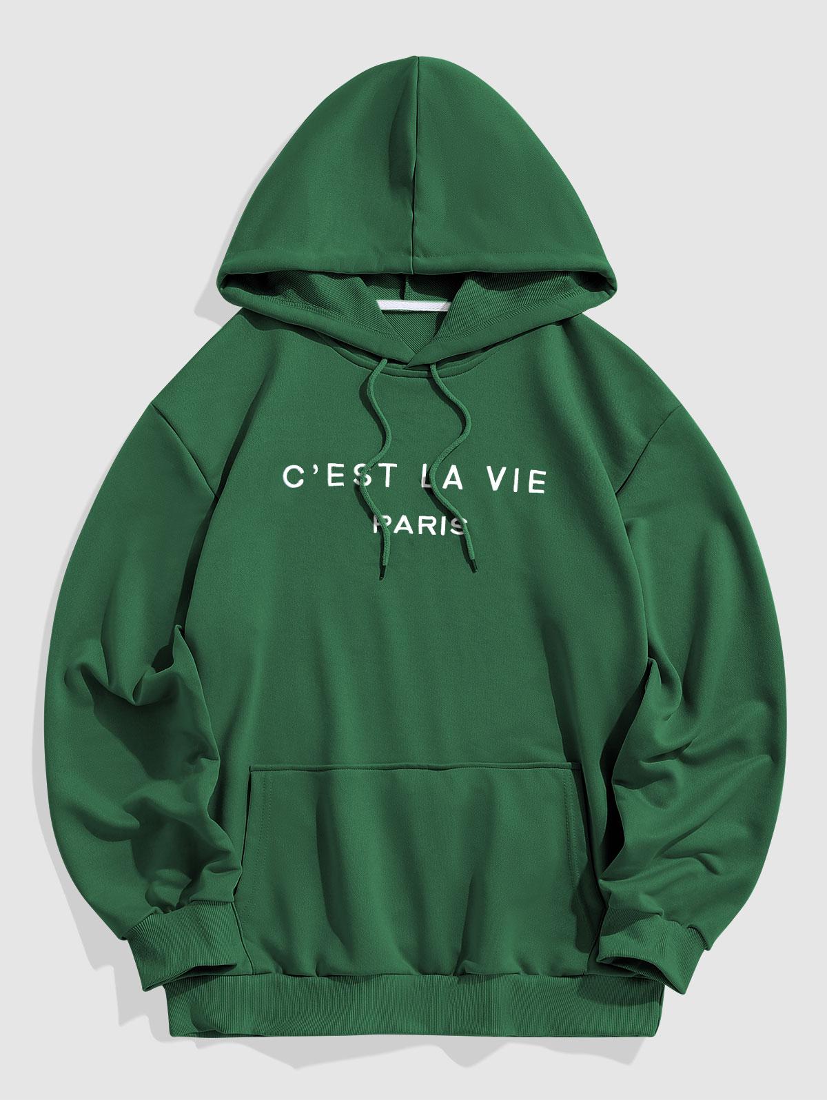 ZAFUL Men's Letter C'EST LA VIE PARIS Embroidery Essentials Hoodie M Deep green