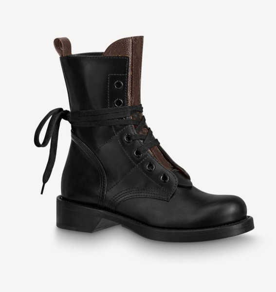 Women Leather Flat Ankle Boots Ranger Silver-tone Lace-up Pairs Designer Lady Canvas Flower Letter Printed Rubber Outsole Boot