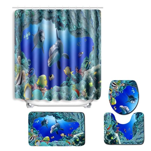 4 unids / set Azul Océano Delfín Patrón Impreso Cuarto de Baño Decoración Cortina De Ducha resistente al agua
