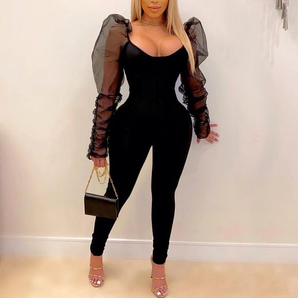 Gym Clothing Women Mesh Puff Sleeve Patchwork Slim Jumpsuits Tight Romper Sexy Skinny Chic Party Club Jumpsuit