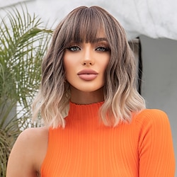 HAIRCUBE Bob Wig with Bangs Ombre Brown Synthetic Culy Wigs for African American Women Natural Daily ChristmasPartyWigs Lightinthebox