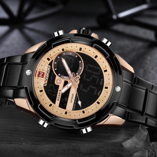 NAVIFORCE Fashion Stainless Steel Men Watches 3ATM Water-resistant Digital Dual Display Watch Luminous Man Wristwatch Male Relogio Musculino