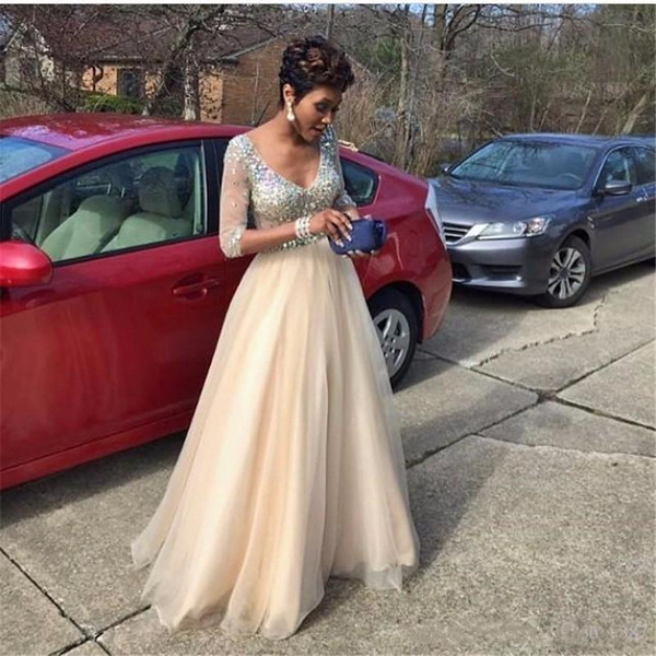 2019 New Long Evening Dresses With Crystals Half Sleeve V-Neck A Line Tulle Formal Dress Evening Gown Cheap New Plus Size vestidos de festa