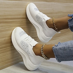 Women's Trainers Athletic Shoes Sneakers Plus Size Flyknit Shoes White Shoes Rhinestone Flat Heel Round Toe Walking Shoes Tissage Volant Solid Colored Black White Rosy Pink Lightinthebox