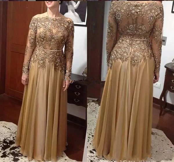 Champagne Lace Mother of the Bride Dresses Off Shoulder Long Slleeves Mother Formal Wedding Guest Gown