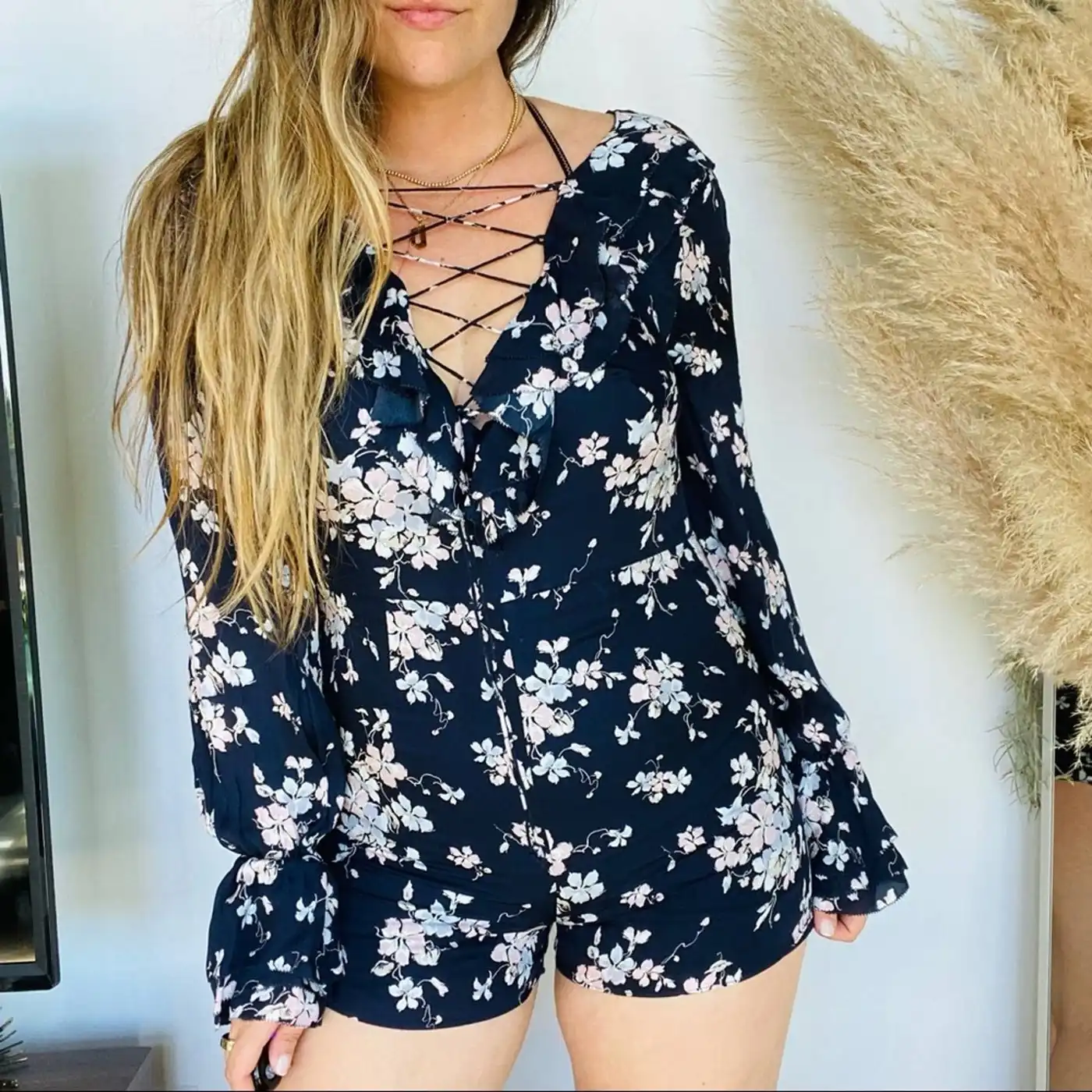 NEW INTERMIX Revolve Navy White Ruffle Shorts Floral Romper