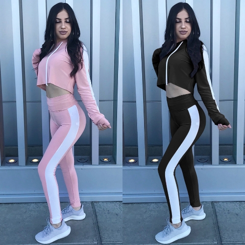 Women Sport Set Crop Hoodies Pants Long Sleeves Splicing Side Tights Gym Fitness Casual Two Pieces