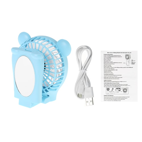 Homgeek Portable Bear Shape Mirror Cute Mini Handheld Table Foldable Fan 2 Speed for Home   Office USB Rechargeable With Mirror Function
