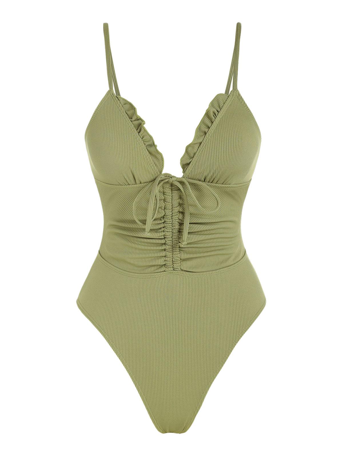 ZAFUL Ribbed Cinched Frilled One-piece Swimsuit L Deep green