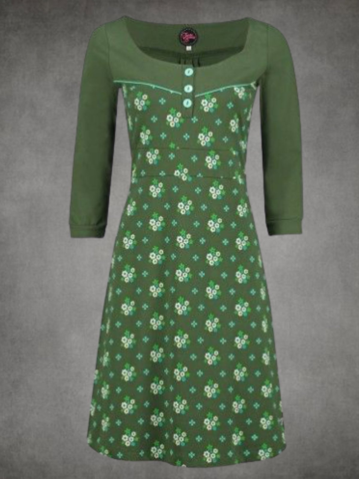 Green Cotton Printed Long Sleeve Round Neck Dresses - Noracora