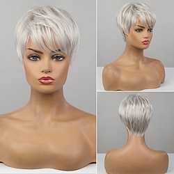 Human Hair Blend Wig Short Straight Natural Straight Pixie Cut Side Part Layered Haircut Asymmetrical White Brown Cosplay Curler  straightener Natural Hairline Capless Burmese Hair Chinese Hair Lightinthebox