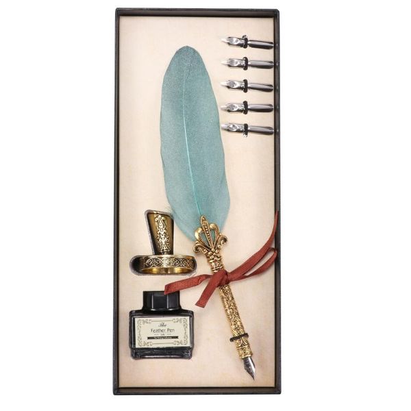 Party Favor Luxury Calligraphy Feather Dip Pen Writing Ink Set Stationery Gift Box With 5 Nib Wedding Quill Metal Fountain