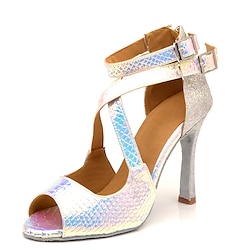 Women's Latin Shoes Dance Shoes Indoor Performance Sparkling Shoes Heel Glitter High Heel Peep Toe Buckle Cross Strap Adults' Silver Gold Blue Lightinthebox