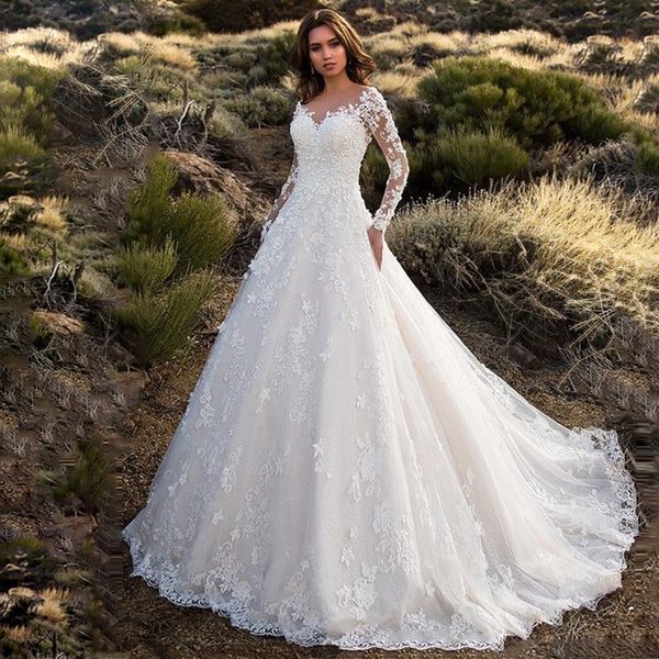 2021 New Dubai Elegant Long Sleeves A-line Wedding Dresses Sheer Crew Neck Lace Appliques Beaded Vestios De Novia Bridal Gowns with Buttons
