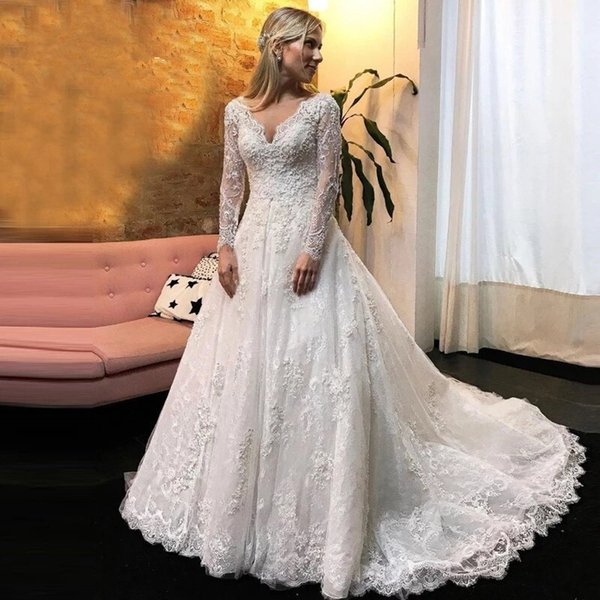 V Neck Lace Appliques Bridal Wedding Gowns Elegant Robe De Mariee Vestiods Long Sleeves Wedding Dresses