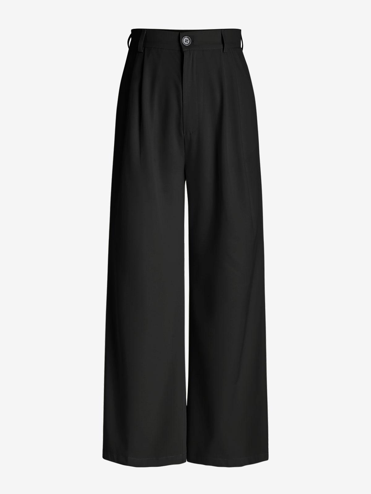 Pleated Slant Pockets Wide Leg Pants L Black