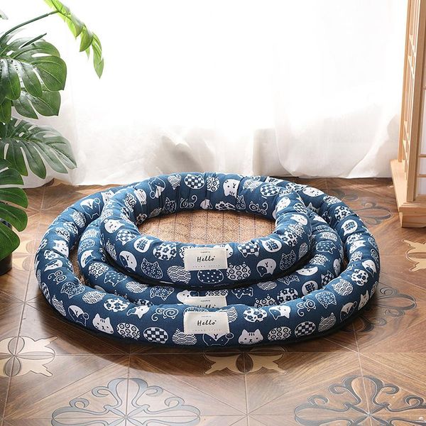Cat Beds & Furniture Mat Cushion Summer Breatnable Japanese Style Kennel Litter Pet Bed Round Medium Small Dogs