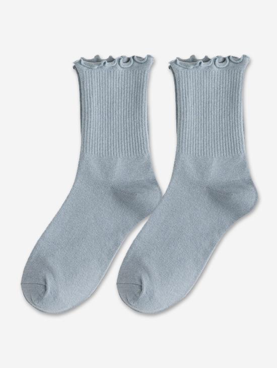 Fashion Women Ribbed Lettuce Trim Cotton Crew Socks