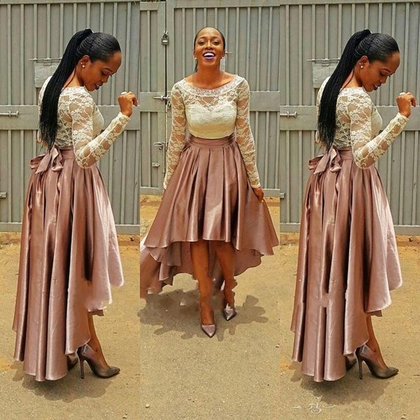 High Low Pink Prom Dress Bridesmaid Dresses Lace Top guest Long Sleeve Plus Size Evening Gowns