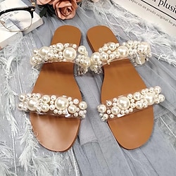 Women's Sandals Boho Bohemia Beach Flat Sandals Party Beach Imitation Pearl Flat Heel Open Toe Elegant Sexy Faux Leather Loafer Solid Color Black White Lightinthebox