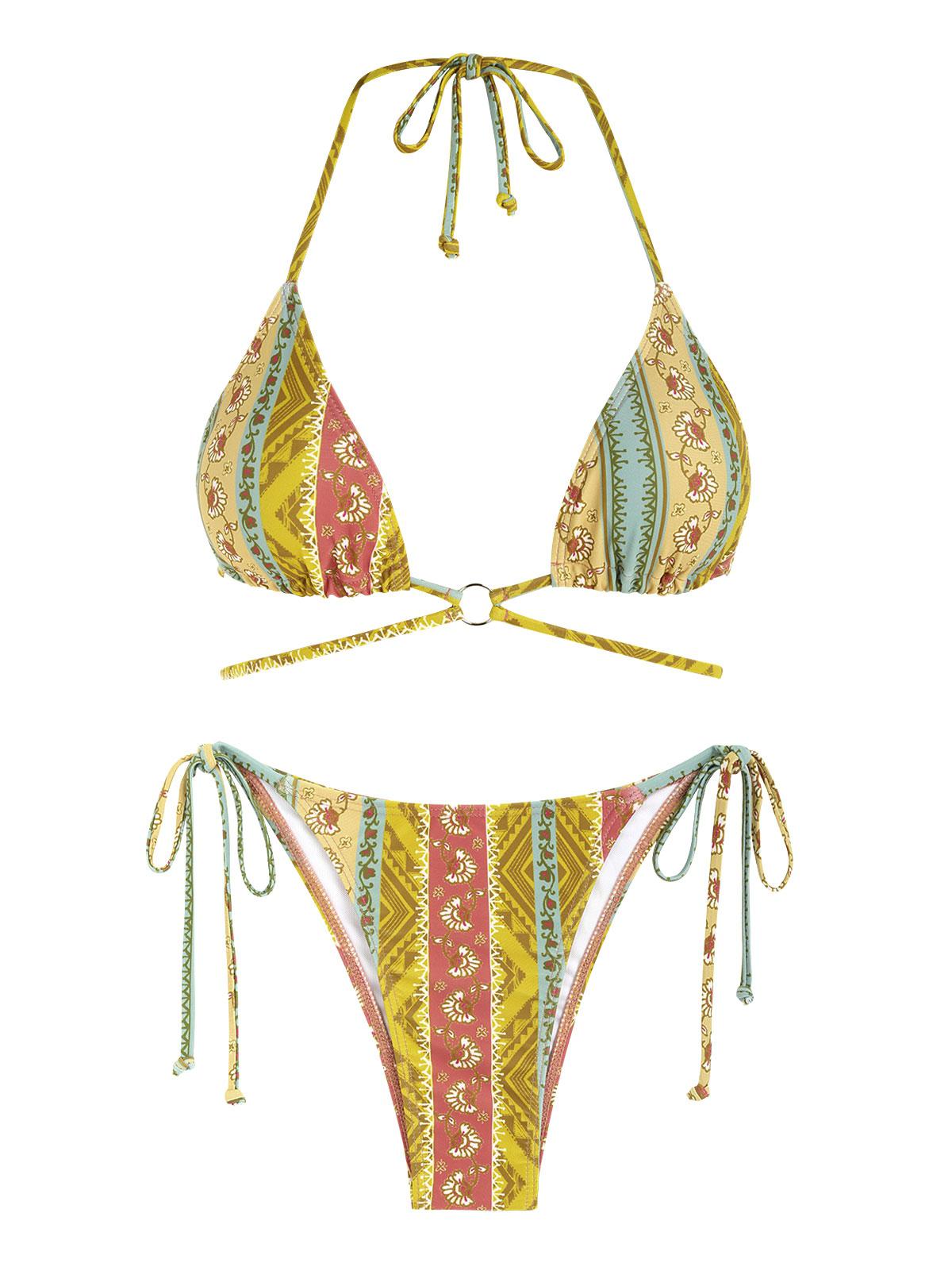 ZAFUL O-ring Tie Side Boho Printed String Bikini Swimwear M Light yellow