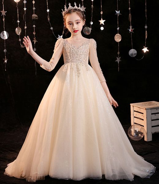 Grace Champagne 3/4 Sleeves Girl's Pageant Dresses Flower Girl Dresses Holidays/Birthday Princess Skirt Custom Size 2-14 F924064 Applique Beads Train Length