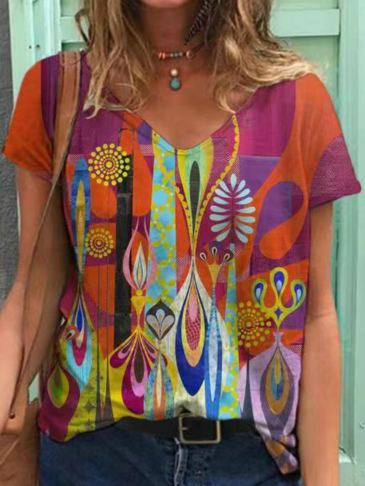 V Neck Cotton-Blend Casual T-Shirts - Noracora