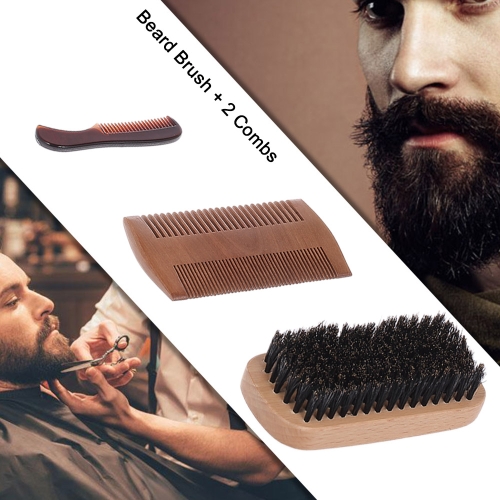 3Pcs Men's Beard Brush Comb Kit Yellow Sandal Comb Moustache Brush Male Facial Cleaning Hair Brush Set w/ Storage Bag