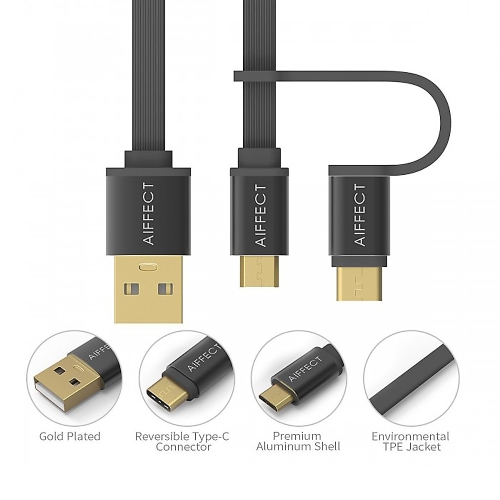 AIFFECT 3 Pack 3.3Ft USB 2.0 to Micro USB / Type C Charging Cable Sync Data Line Cord for Samsung 2-in-1